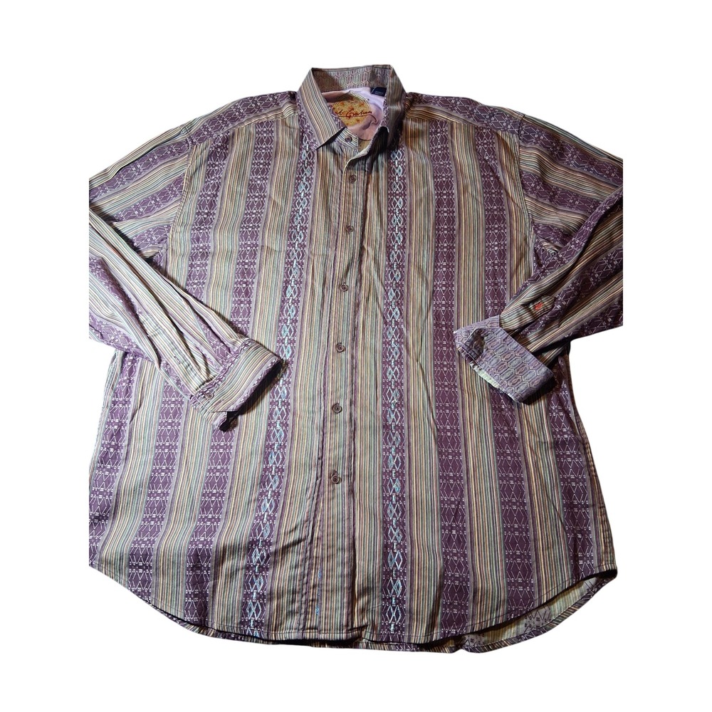 Robert Graham Mens 3XL Long Sleeve Button Down Shirt Silk Trim Striped Purple